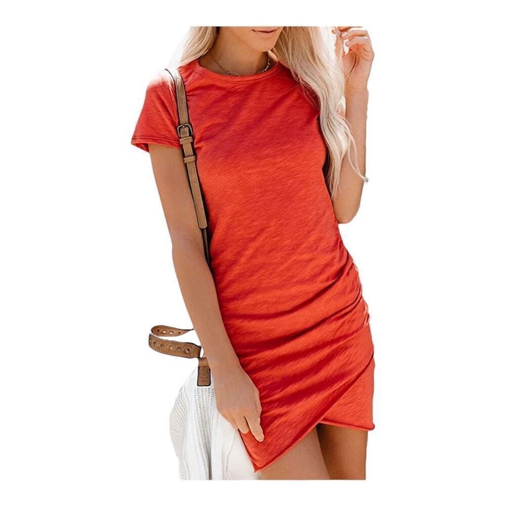NWT Womens Qearal Ruched Vibrant Coral Heathered Scoop Neck Dress - Sz L